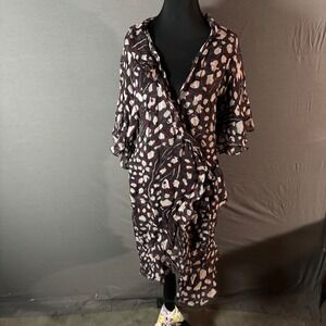 IRO Animal Print Silk Wrap Midi Dress Ruffle Sleeve Tie Waist 36